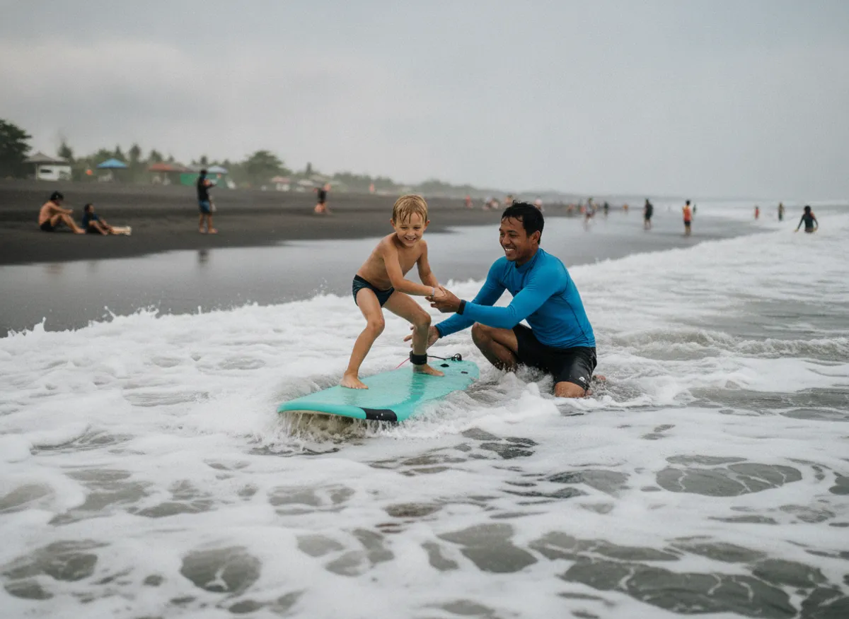 Child learning to surf with an instructor in Canggu, Bali